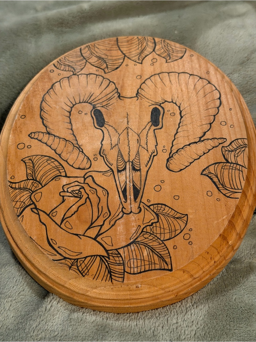 Hand-Drawn Ram Skull Wood Wall Art - Natural Wood